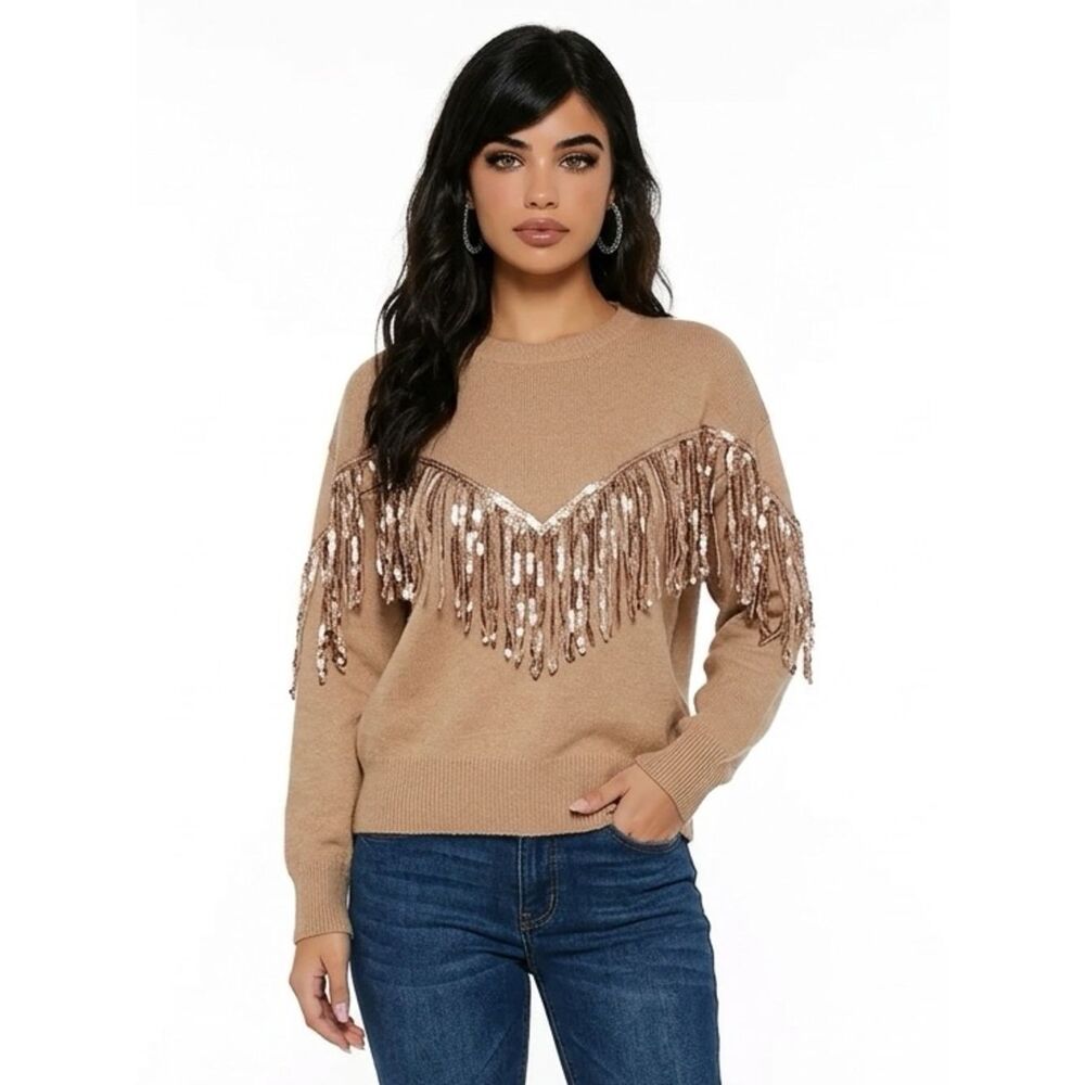 MERITT | NEW Tan Sweater with Gold Sequin Fringe Details Women’s Size Small